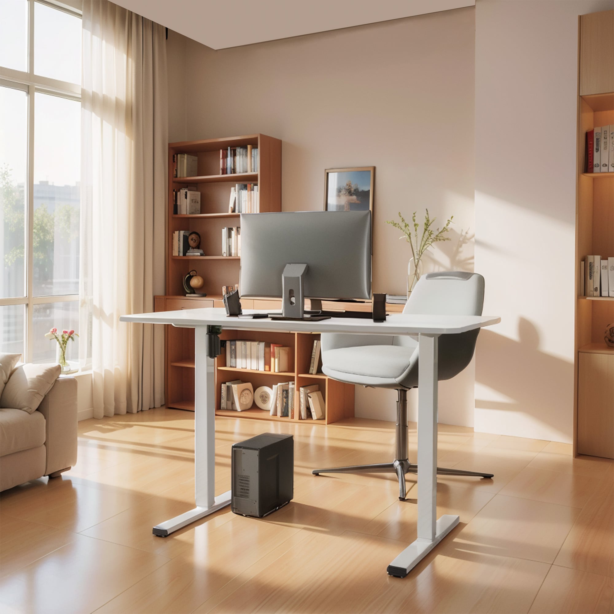 Electric Standing Desk Whole Piece Adjustable Height Desk Home Office Computer Workstation Sit Stand Up Desk (White Frame + White Top)_voghion.com